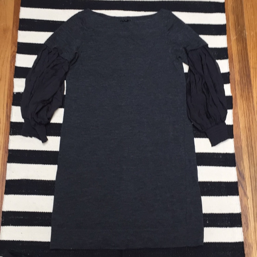 Theory Gray A-Line Wool Dress w/ 100% Silk Sleeves